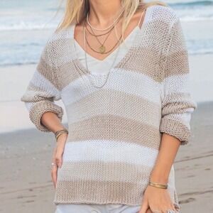 Wooden Ships Kenzie Striped Sweater S/M V-Neck Open Knit Khaki White Tan Beachy